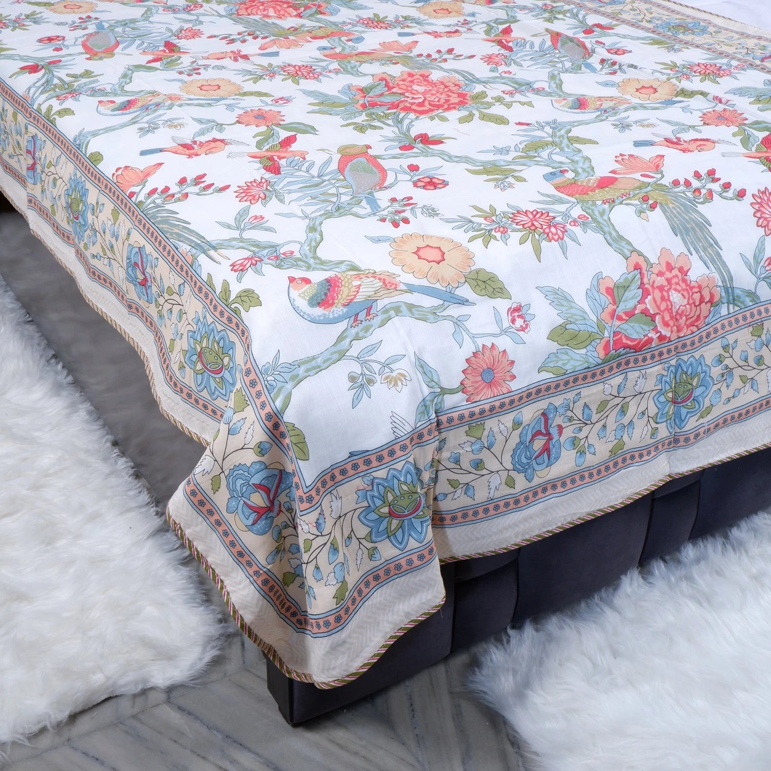 Colorful floral patterned 100% cotton dohar blanket online for a vibrant bedroom decor