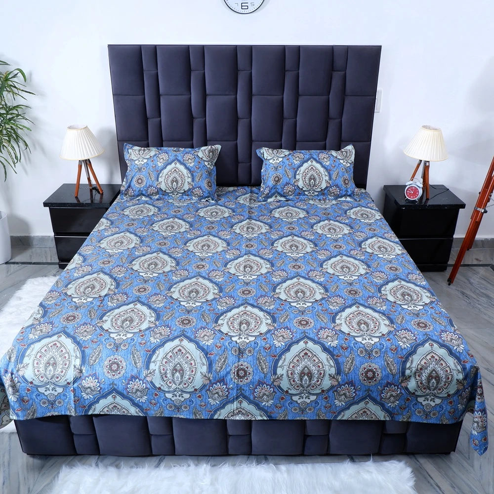 The Jaipuri 100 percent pure cotton bed sheet in blue floral design with matching pillow covers