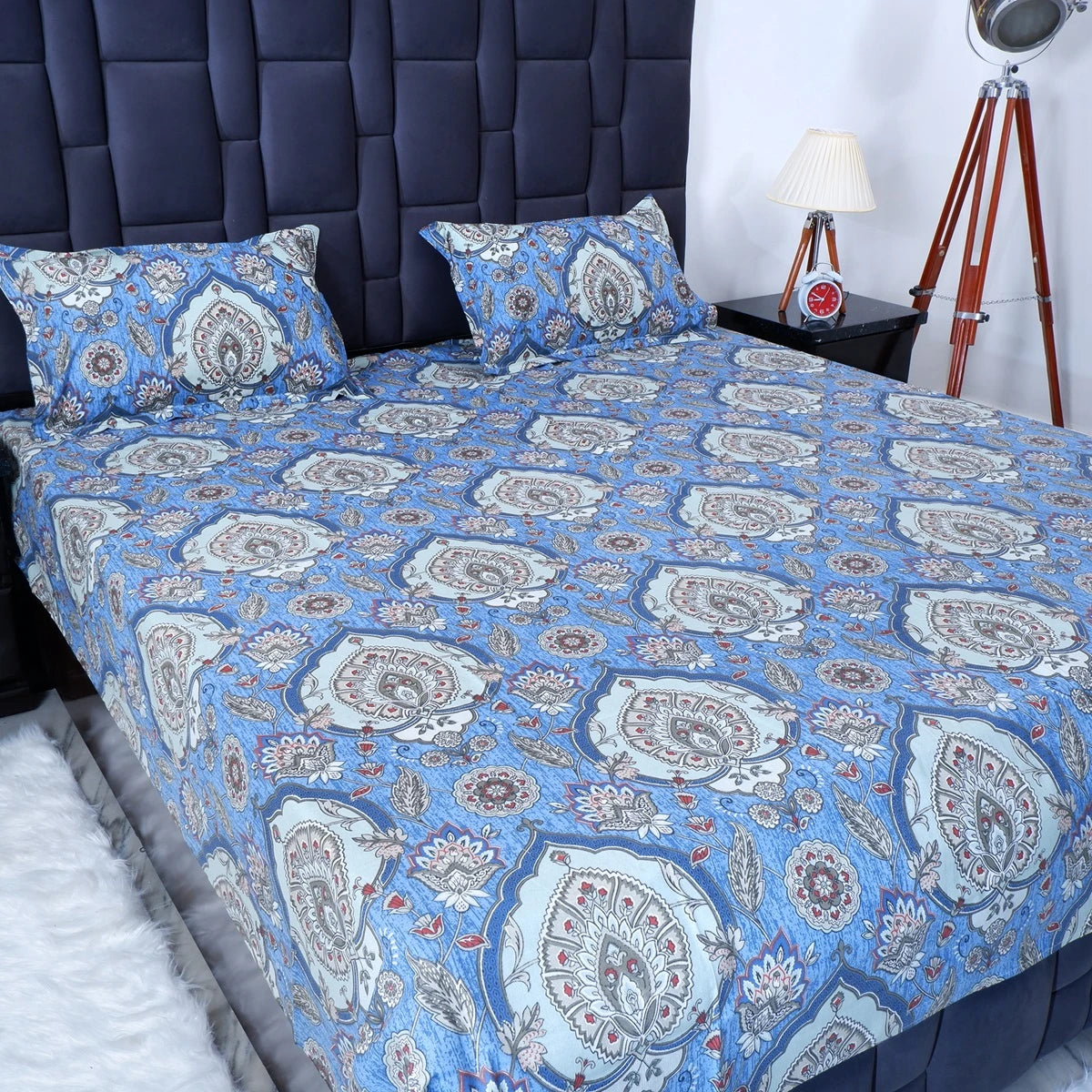 The Jaipuri 100 percent pure cotton bed sheet in blue with intricate paisley design and matching pillow covers