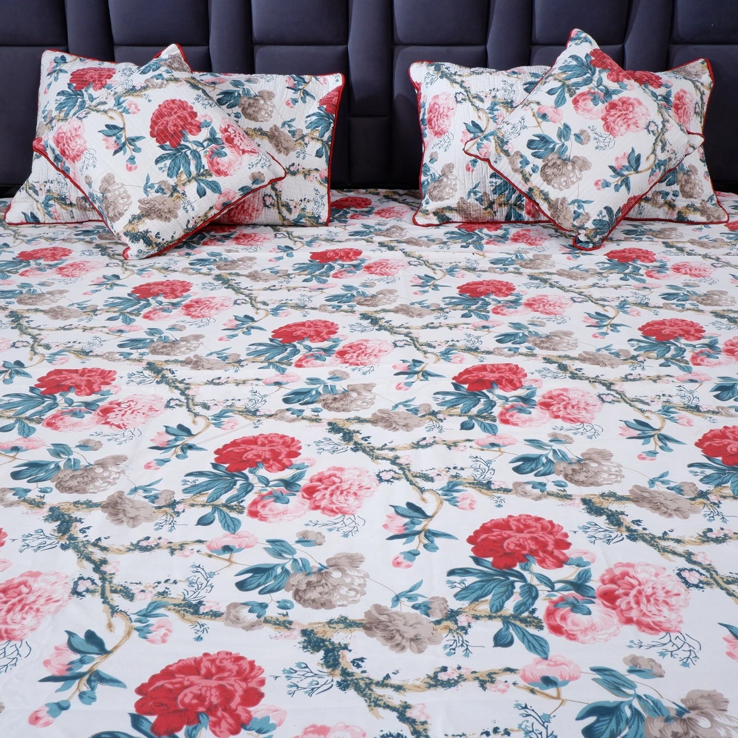 The Jaipuri 100% pure cotton bed sheet with floral design and matching pillows for a cozy bedroom