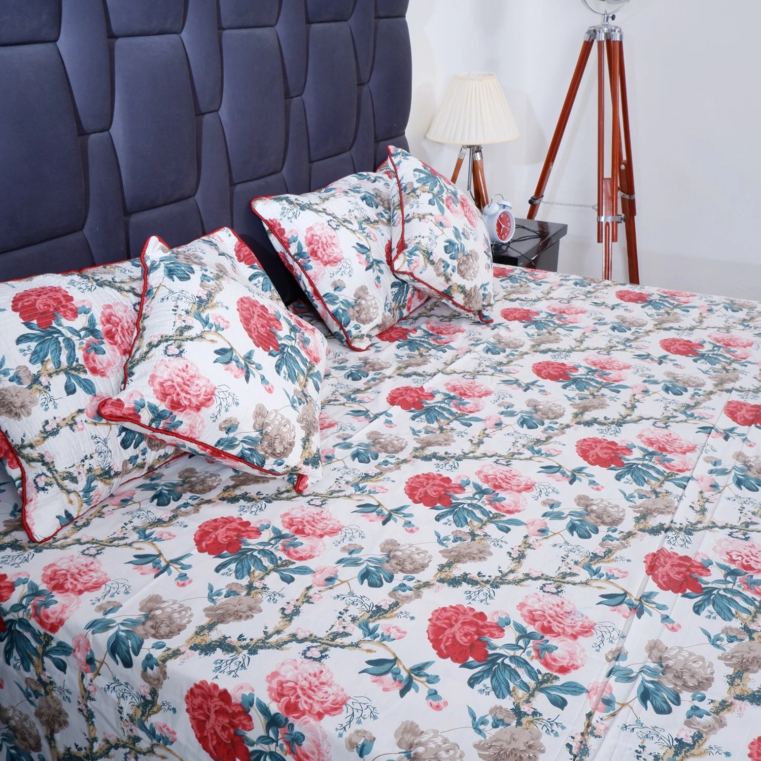 The Jaipuri 100% pure cotton bed sheet with floral design and matching pillows for a comfortable bedroom