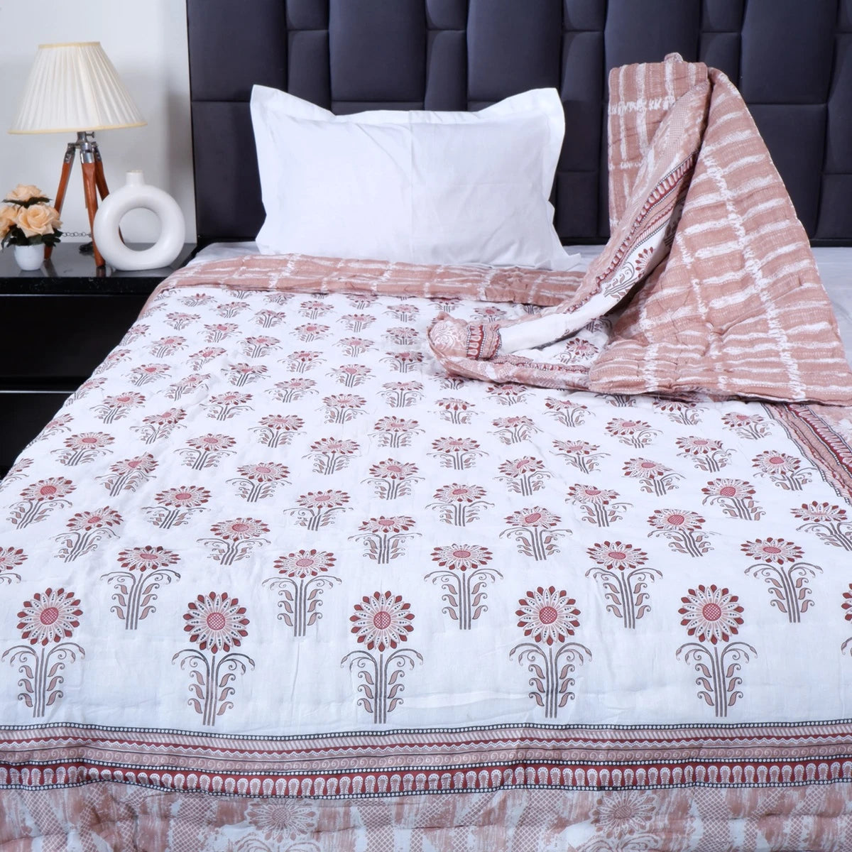 100% pure cotton quilt Jaipur with floral design and soft texture for cozy bedding