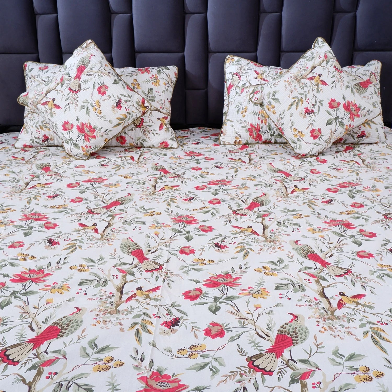 The Jaipuri 100% pure cotton bed sheet with floral pattern and matching cushions for stylish bedrooms