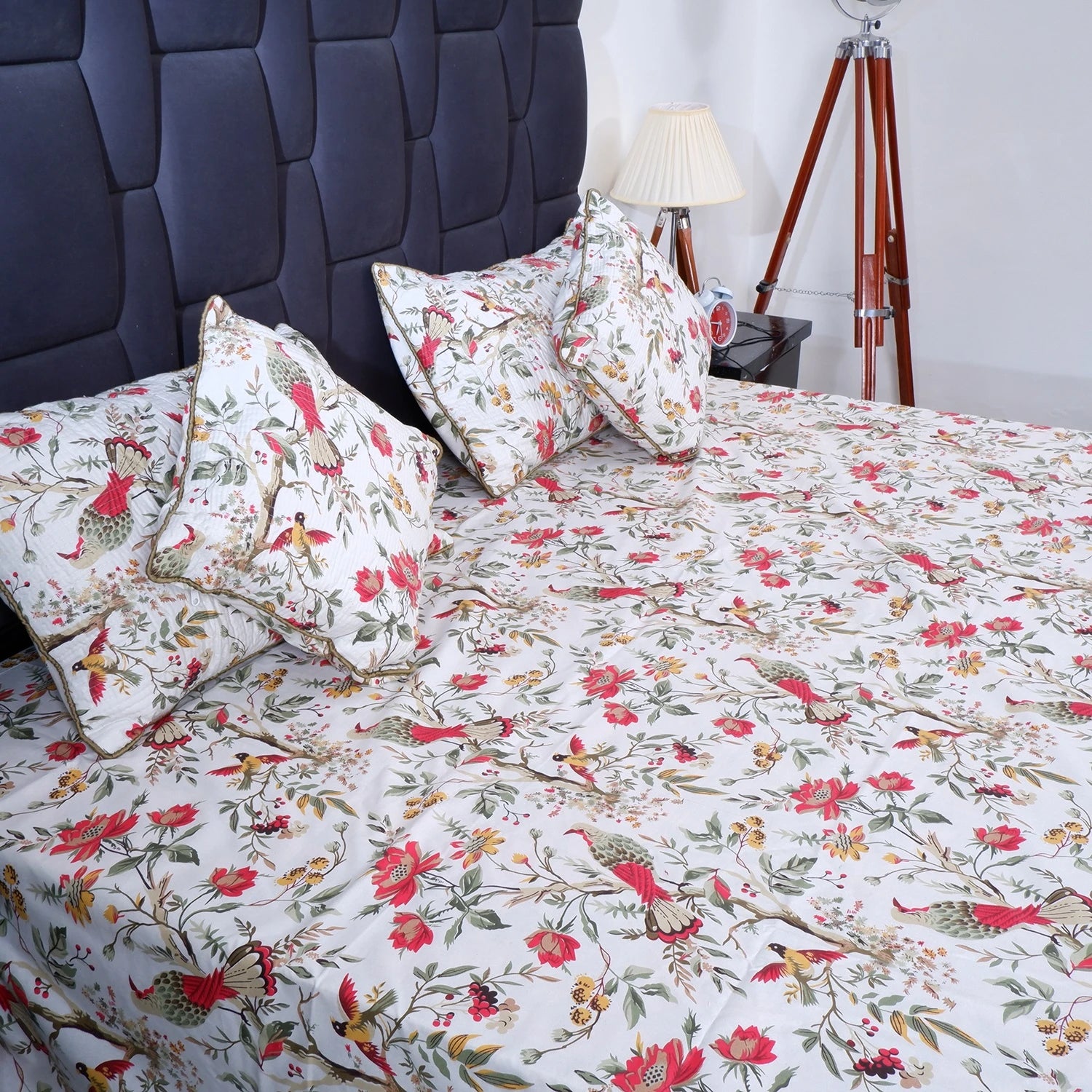 The Jaipuri 100% pure cotton bed sheet with floral design and matching pillow covers for a cozy bedroom