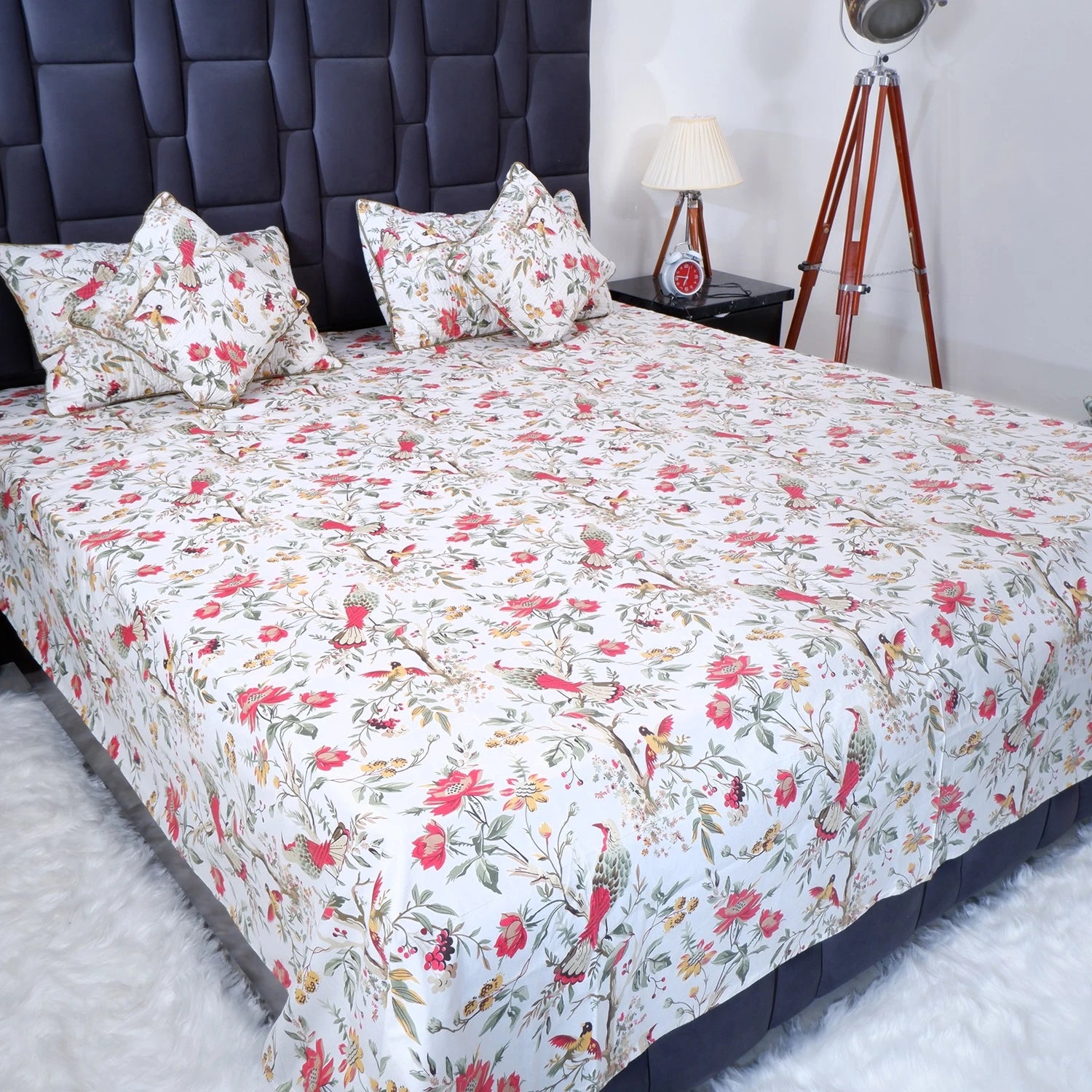 Floral 100% pure cotton bed sheet from The Jaipuri with matching pillows on a modern bed