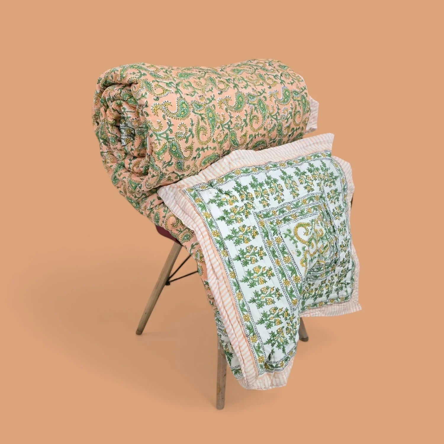 Hand Block Printed Jaipuri Cotton Quilt - Peach Buta (90X108 Inches)