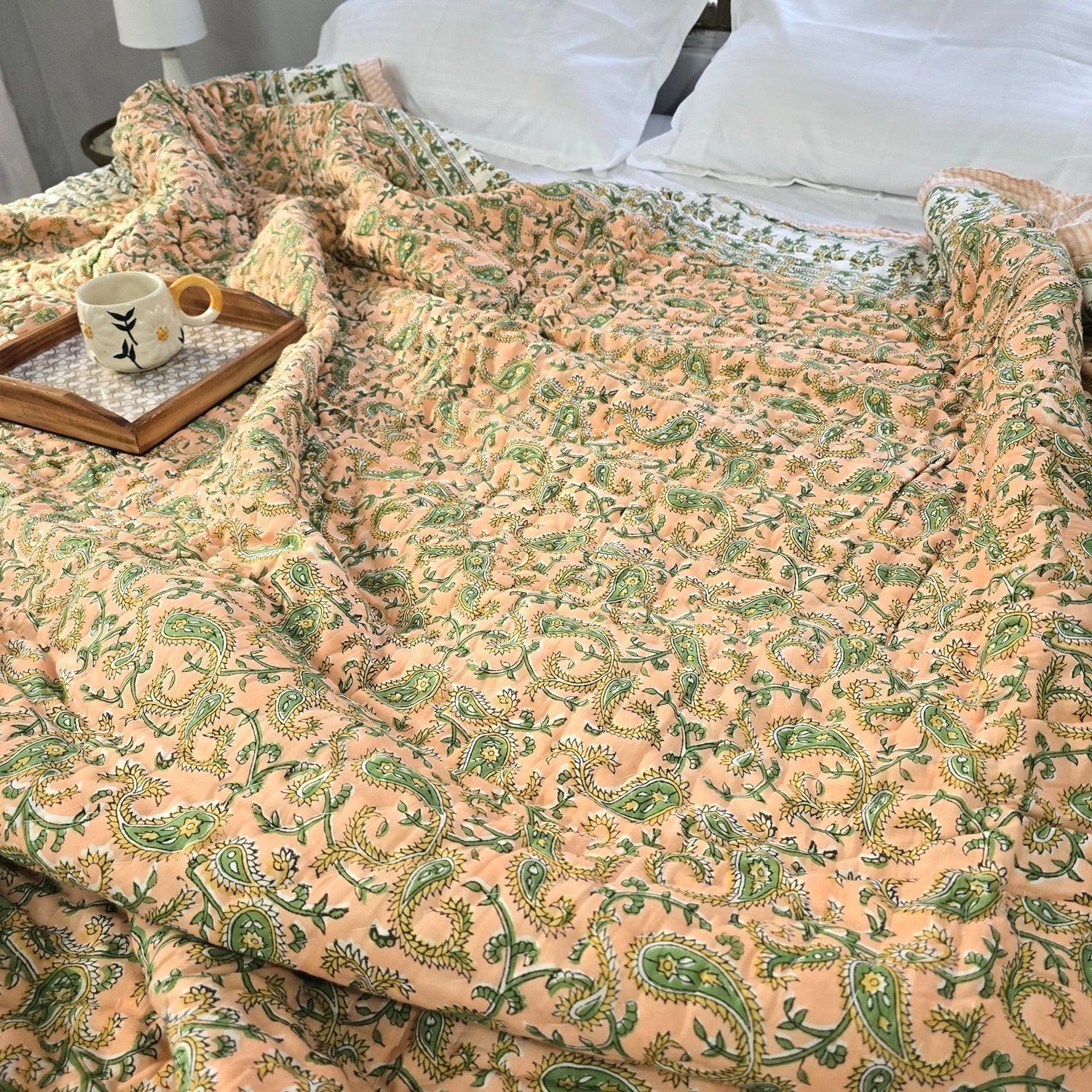 Hand Block Printed Jaipuri Cotton Quilt - Peach Buta (90X108 Inches)