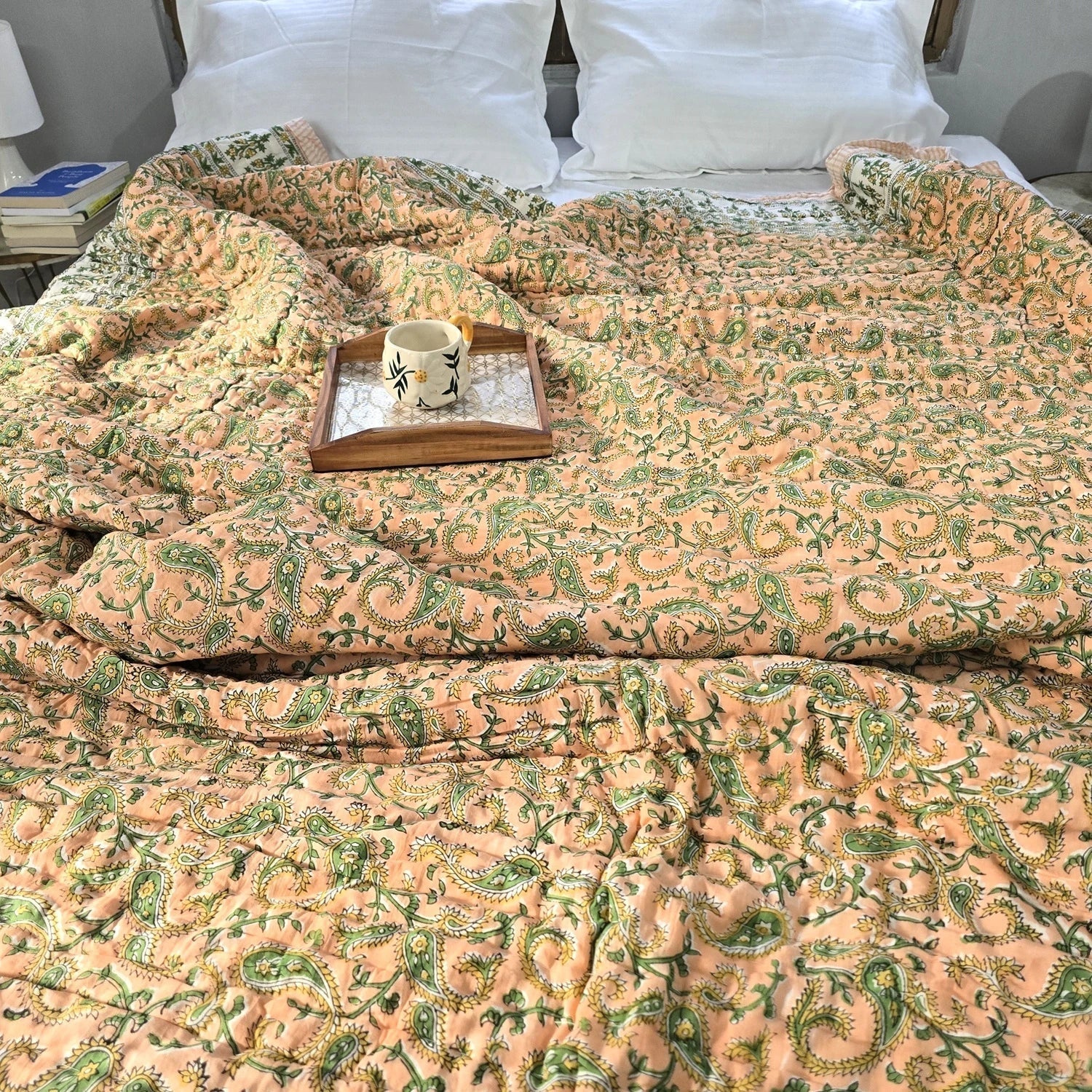 Hand Block Printed Jaipuri Cotton Quilt - Peach Buta (90X108 Inches)