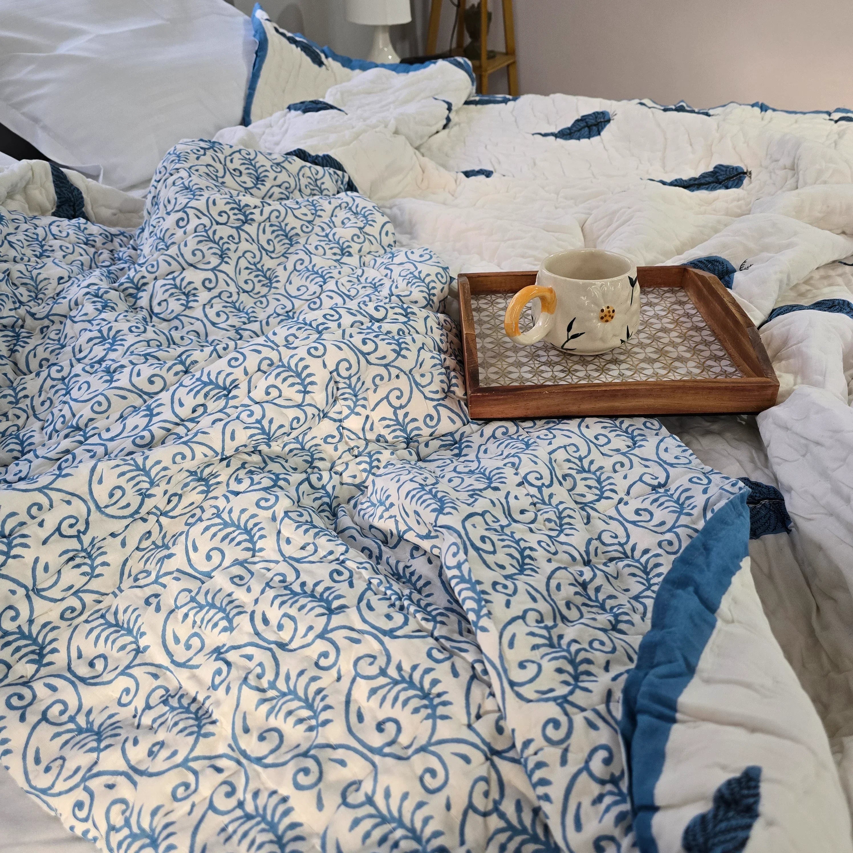 Hand Block Printed Jaipuri Cotton Quilt - Neel Patta Motif (90X108 Inches)