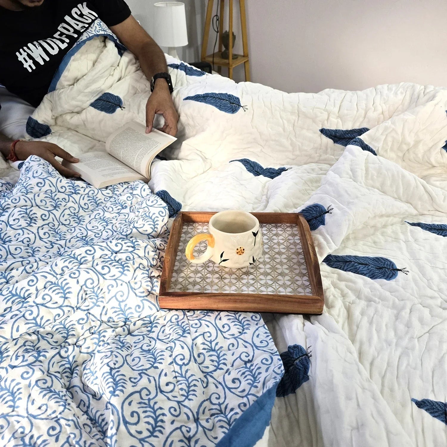 Hand Block Printed Jaipuri Cotton Quilt - Neel Patta Motif (90X108 Inches)