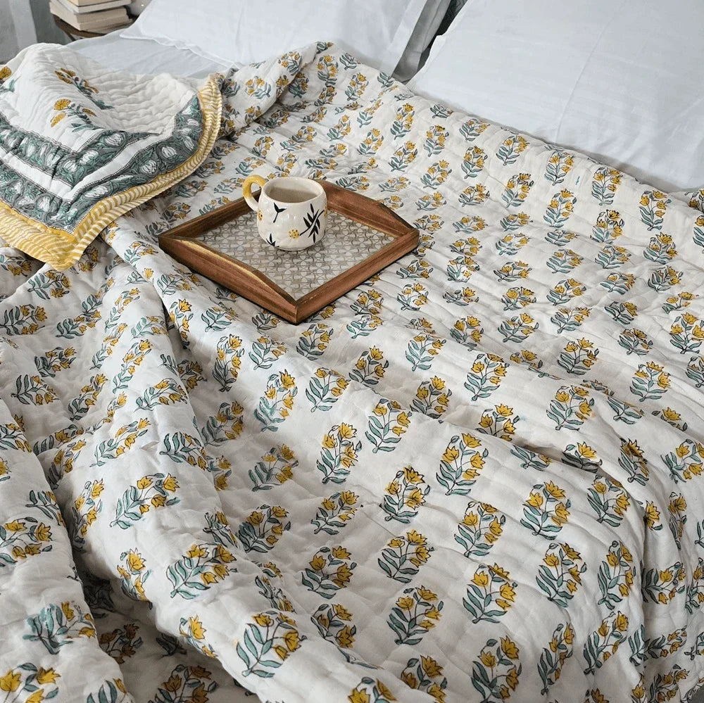 Hand Block Printed  Jaipuri Cotton All season Quilt - Yellow Floral Buta (90X108 Inches)