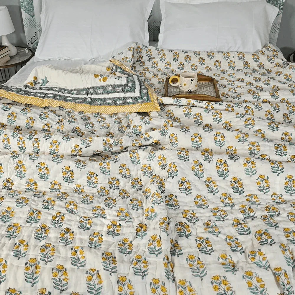 Hand Block Printed  Jaipuri Cotton All season Quilt - Yellow Floral Buta (90X108 Inches)
