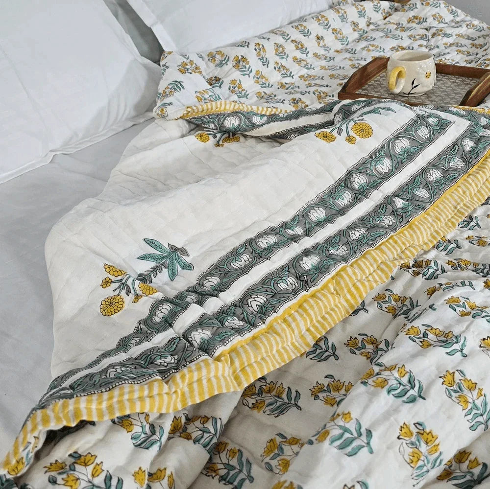 Hand Block Printed  Jaipuri Cotton All season Quilt - Yellow Floral Buta (90X108 Inches)