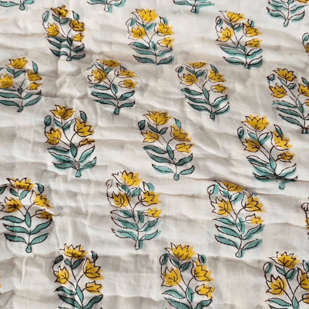 Hand Block Printed  Jaipuri Cotton All season Quilt - Yellow Floral Buta (90X108 Inches)