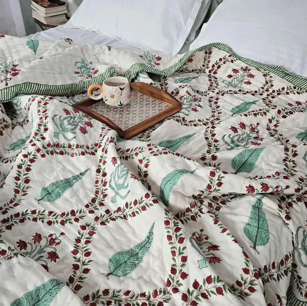 Hand Block Printed Jaipuri Cotton Quilt – Red & Green Floral Bel (90X108 Inches)