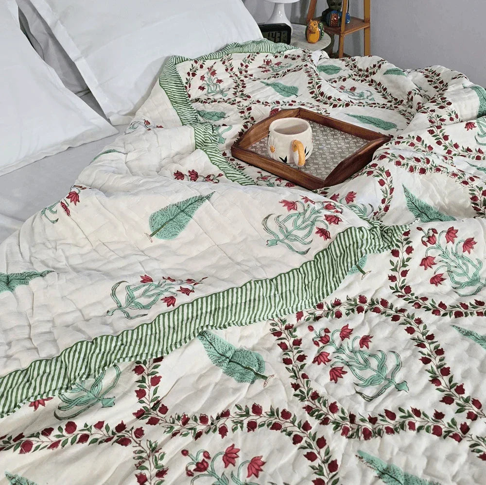 Hand Block Printed Jaipuri Cotton Quilt – Red & Green Floral Bel (90X108 Inches)