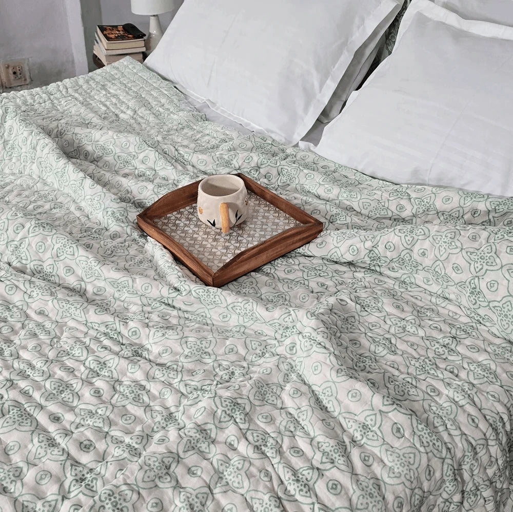Hand Block Printed  Jaipuri Cotton All season Quilt - Green Floral Motif(90X108 Inches)