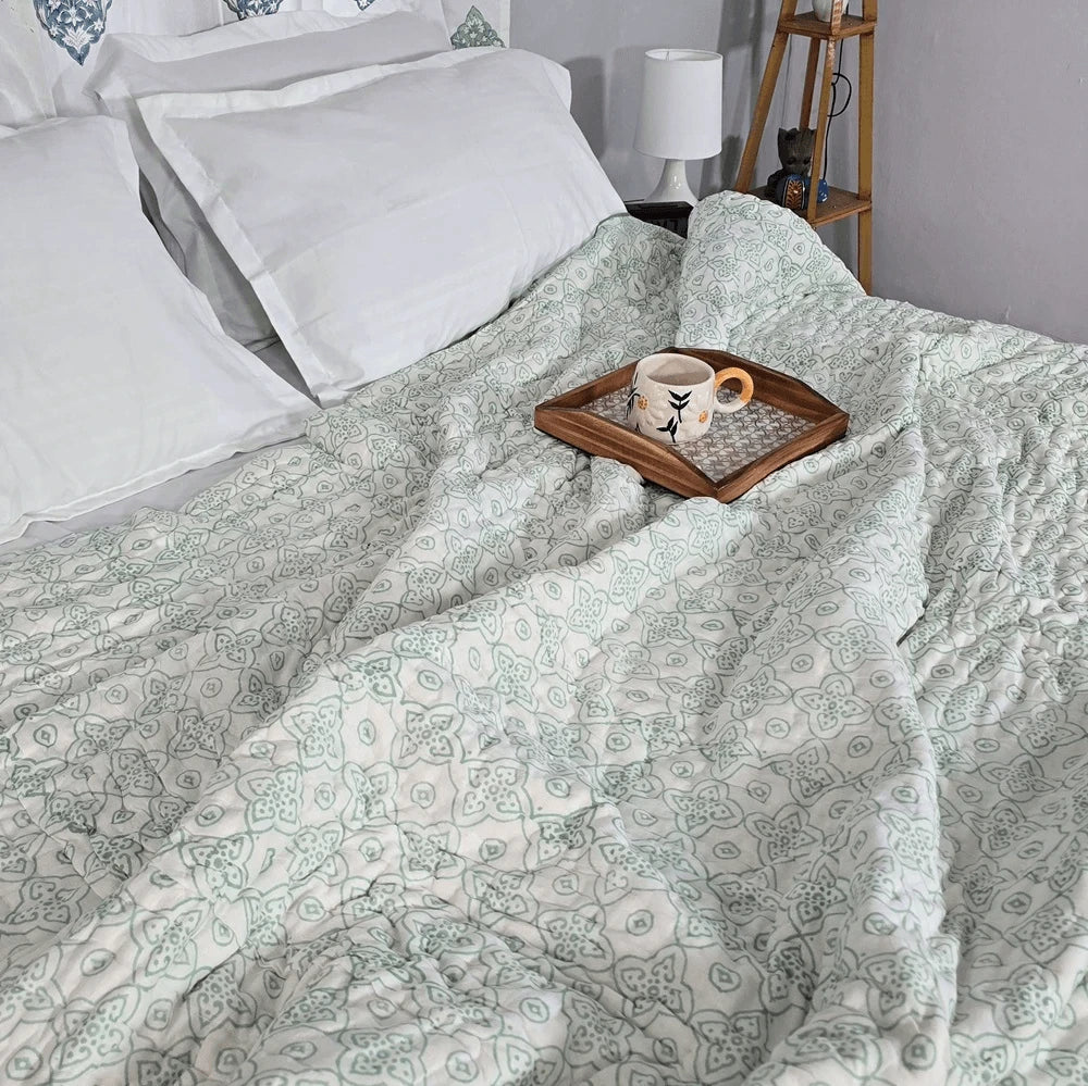 Hand Block Printed  Jaipuri Cotton All season Quilt - Green Floral Motif(90X108 Inches)