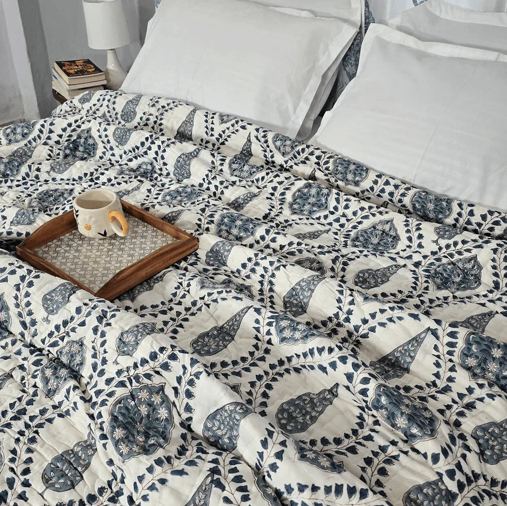 Hand Block Printed Mulmul Cotton Quilt - Mahira (90X108 Inches)