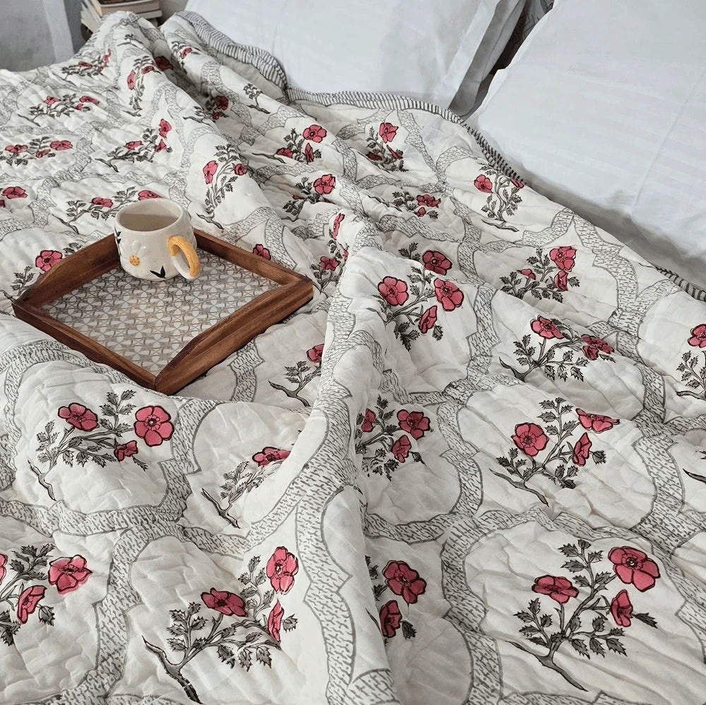 Hand Block Printed  Jaipuri Cotton All season Quilt - Red bloom Jaal (90X108 Inches)
