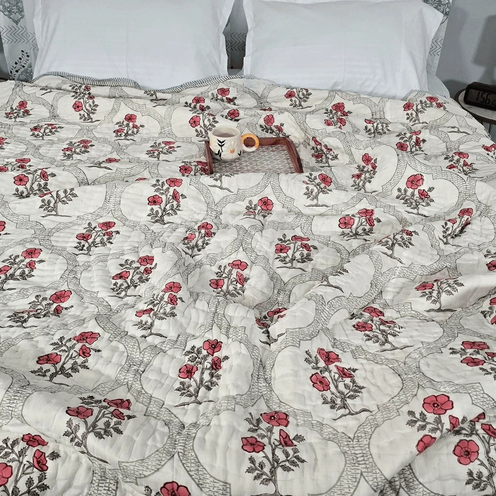 Hand Block Printed  Jaipuri Cotton All season Quilt - Red bloom Jaal (90X108 Inches)