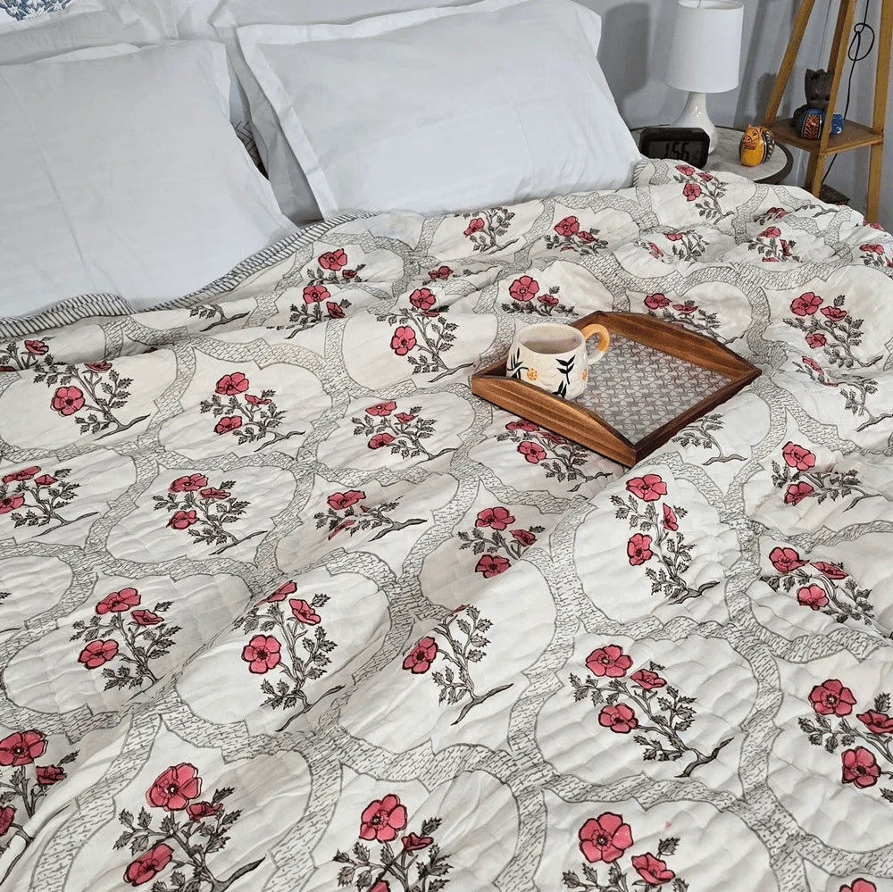 Hand Block Printed  Jaipuri Cotton All season Quilt - Red bloom Jaal (90X108 Inches)