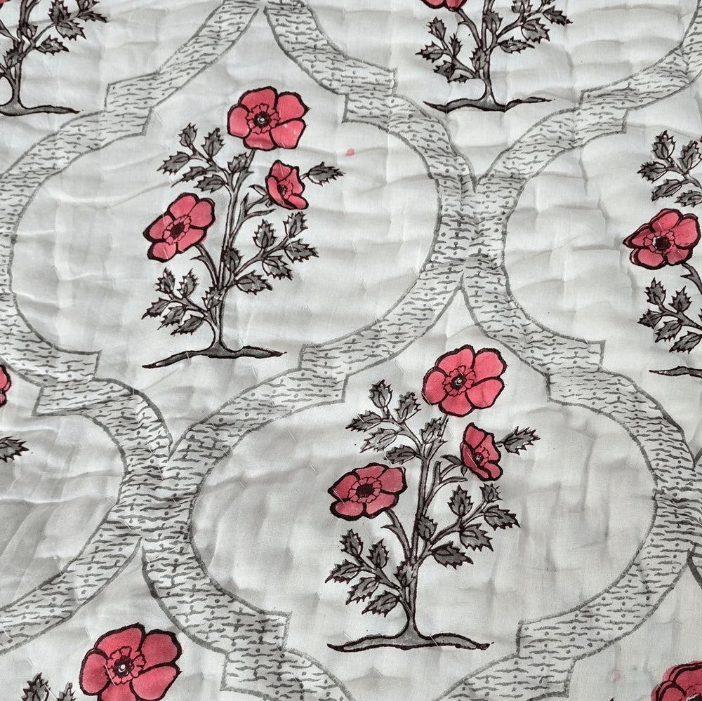 Hand Block Printed  Jaipuri Cotton All season Quilt - Red bloom Jaal (90X108 Inches)