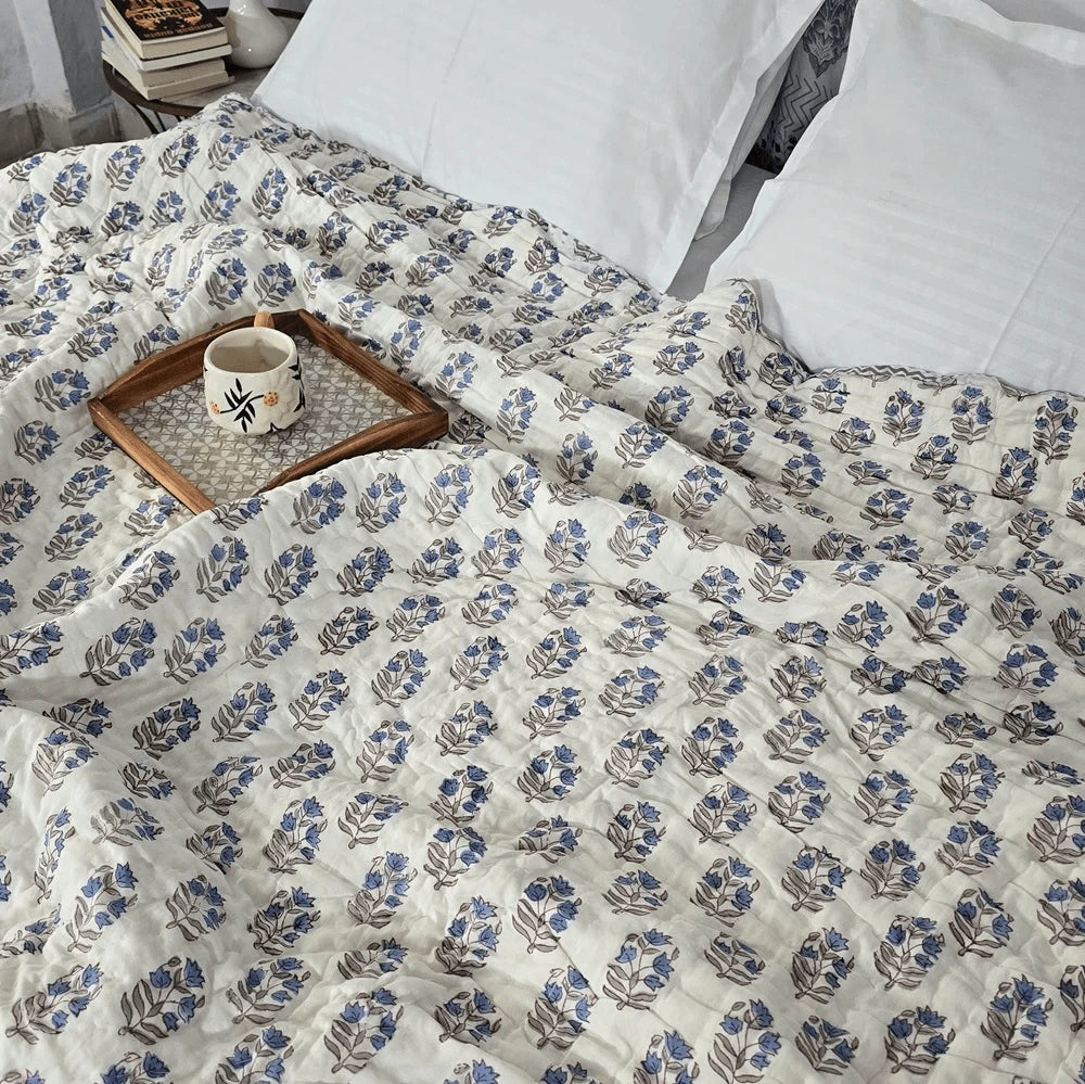 Hand Block Printed  Jaipuri Cotton All season Quilt - Blue Floral Buta (90X108 Inches)