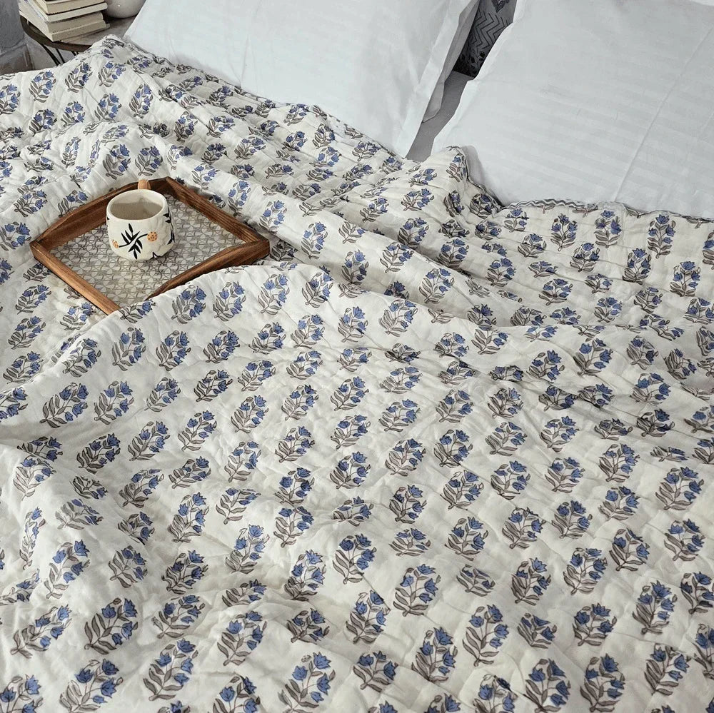 Hand Block Printed  Jaipuri Cotton All season Quilt - Blue Floral Buta (90X108 Inches)