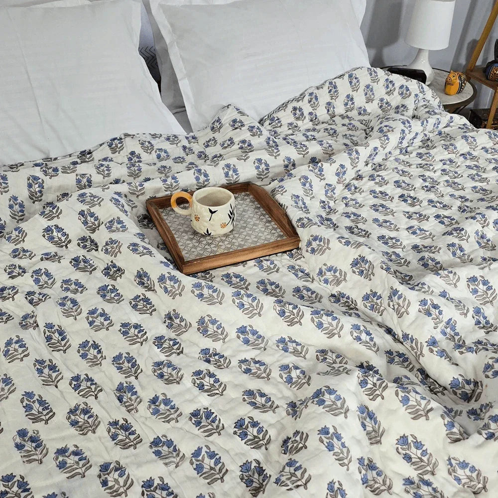 Hand Block Printed  Jaipuri Cotton All season Quilt - Blue Floral Buta (90X108 Inches)
