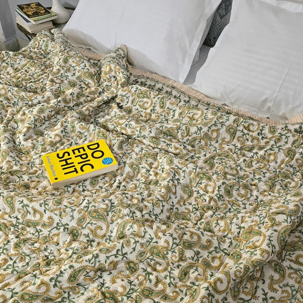 Hand Block Printed  Jaipuri Cotton All season Quilt - Yellow Floral Buta (90X108 Inches)