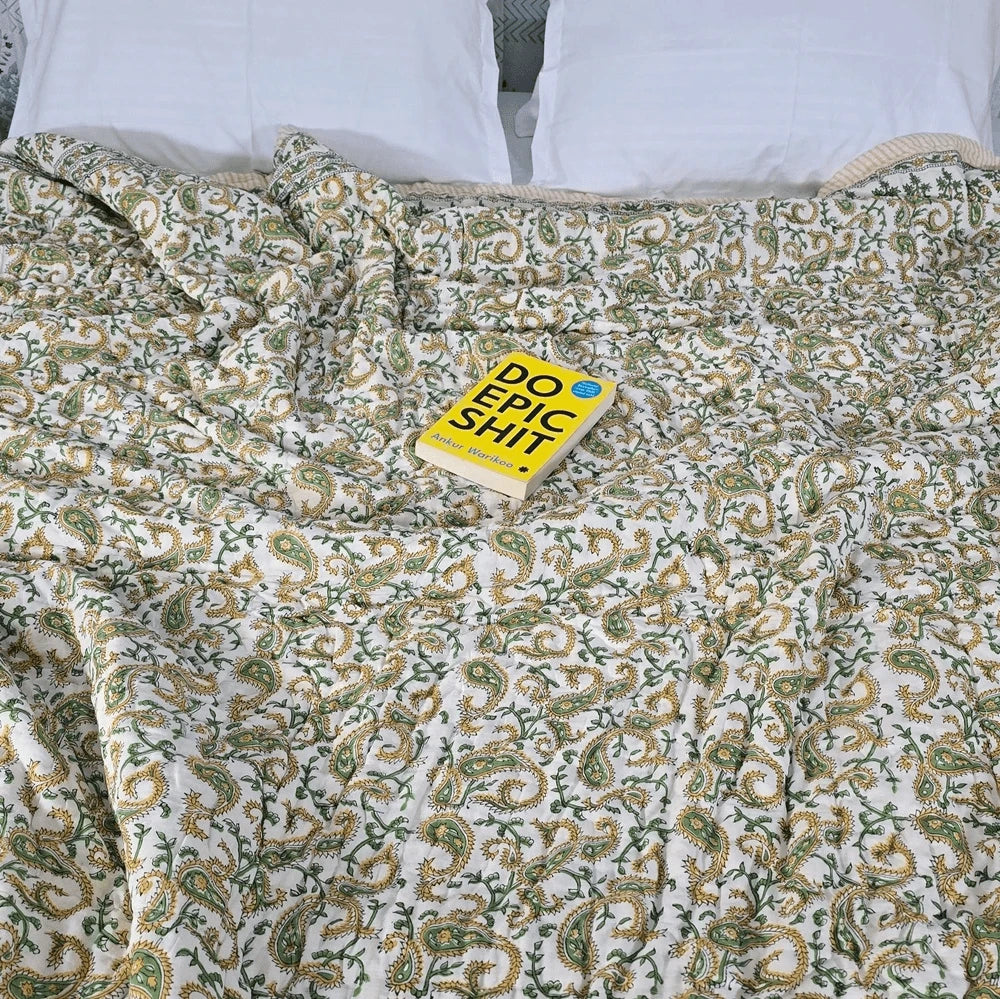 Hand Block Printed  Jaipuri Cotton All season Quilt - Yellow Floral Buta (90X108 Inches)