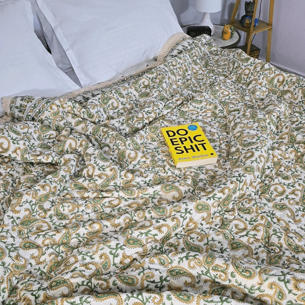 Hand Block Printed  Jaipuri Cotton All season Quilt - Yellow Floral Buta (90X108 Inches)