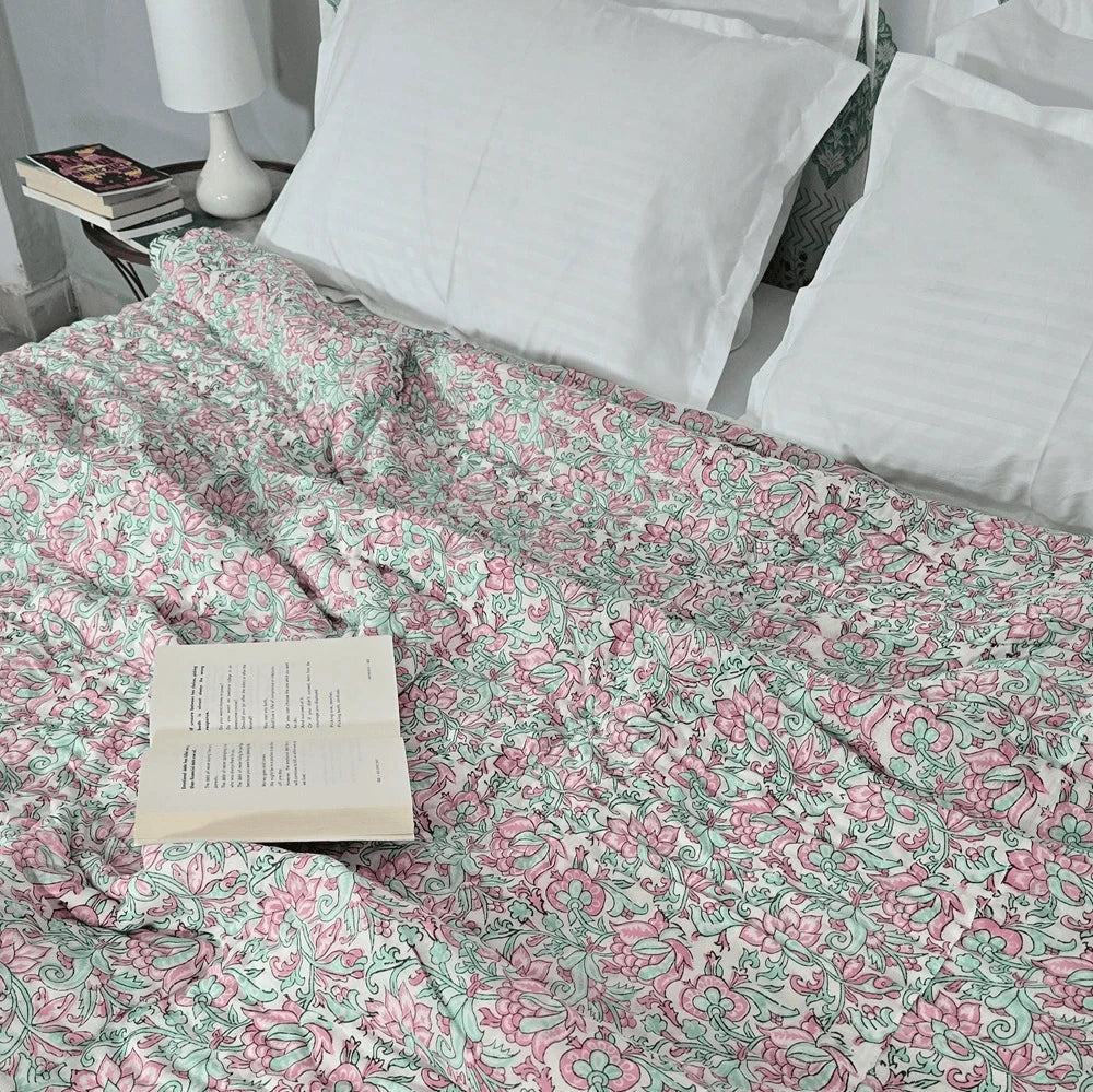 Hand Block Printed  Jaipuri Cotton All season Quilt - Phool Bagh(90X108 Inches)