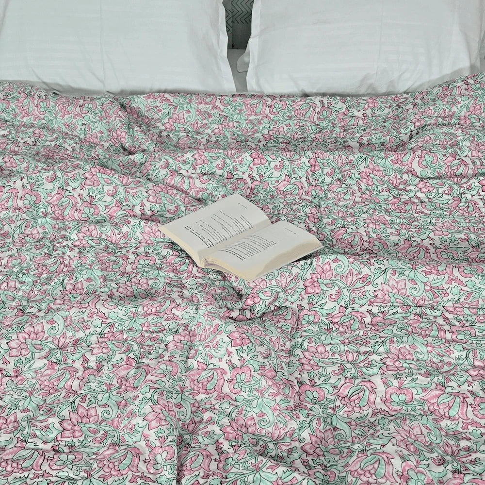 Hand Block Printed  Jaipuri Cotton All season Quilt - Phool Bagh(90X108 Inches)