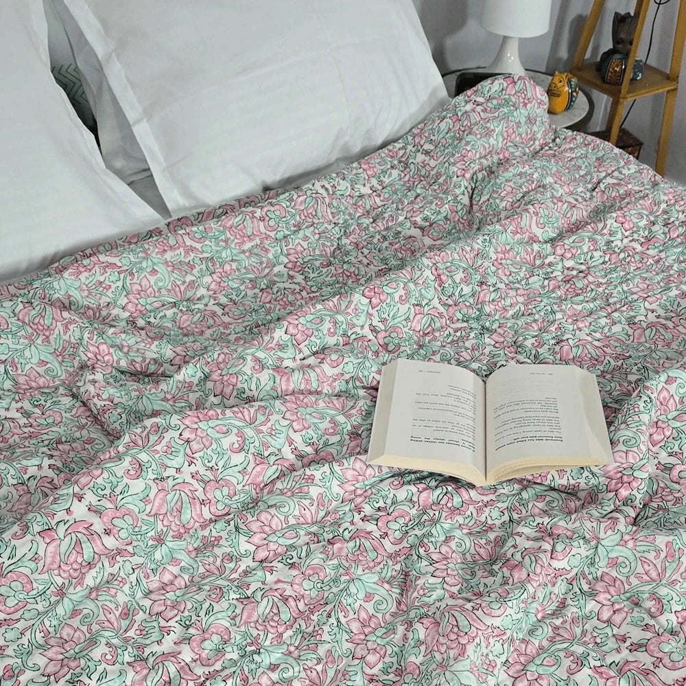 Hand Block Printed  Jaipuri Cotton All season Quilt - Phool Bagh(90X108 Inches)