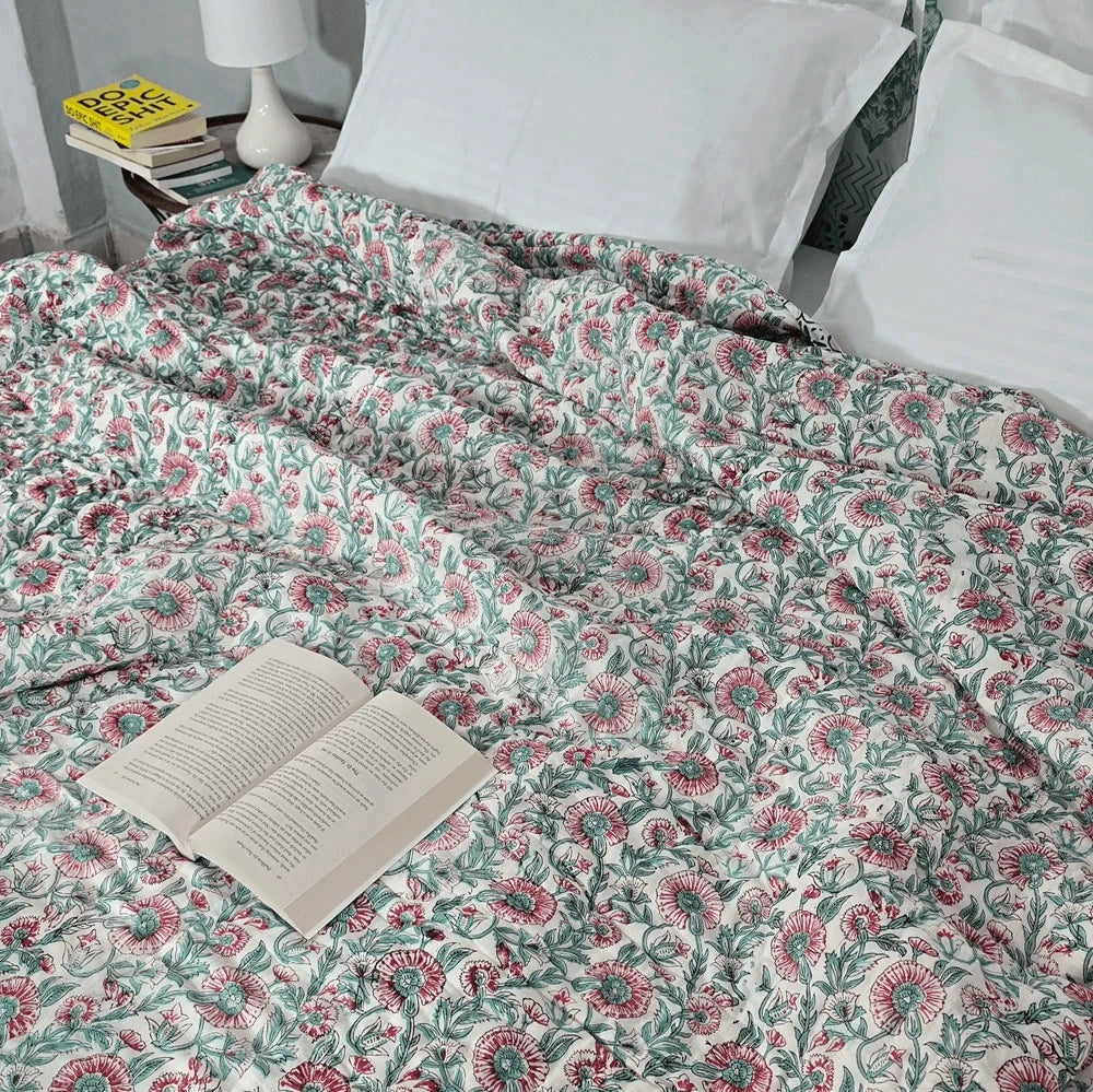 Hand Block Printed Mulmul Cotton All season Quilt - Saniya (90X108 Inches)