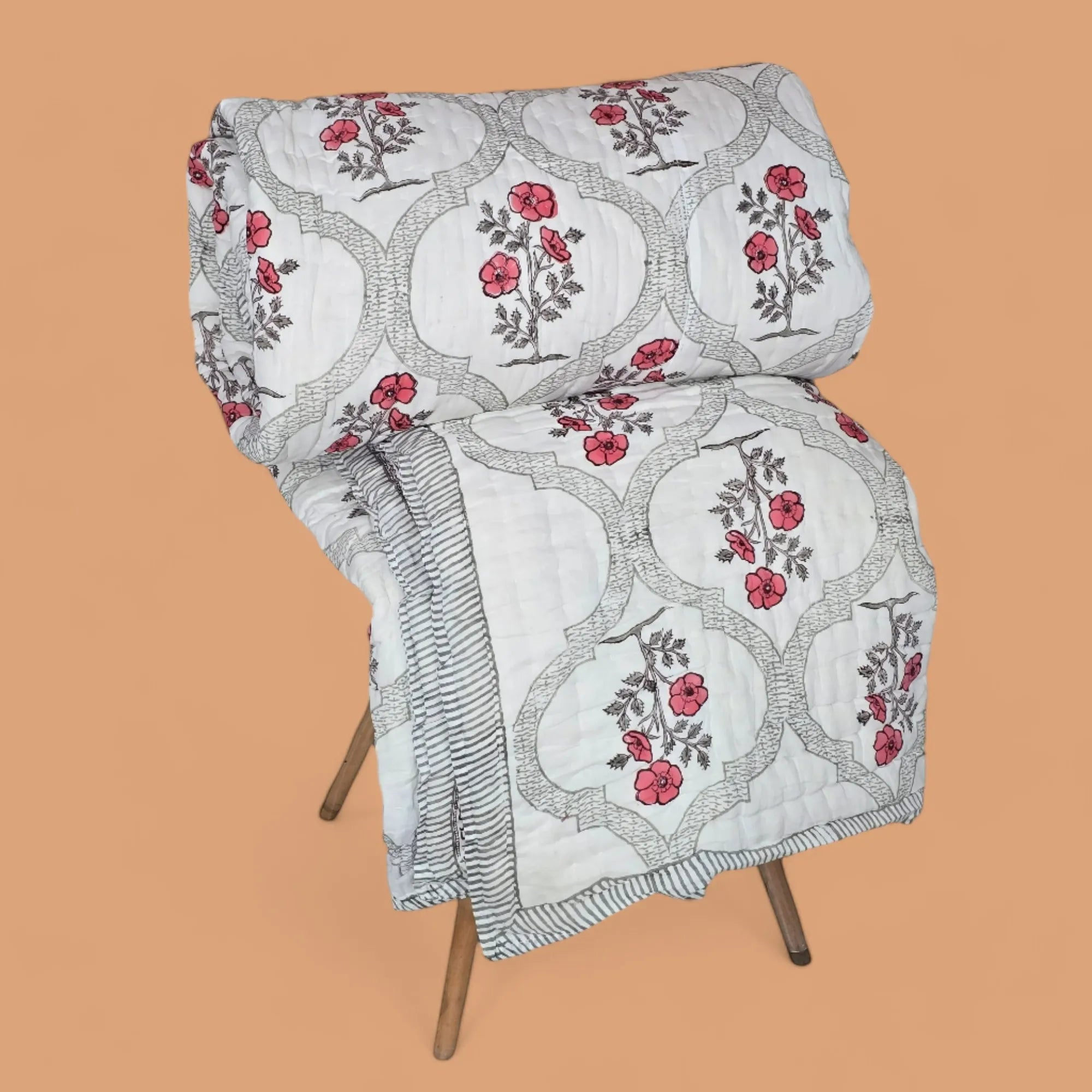 Hand Block Printed  Jaipuri Cotton All season Quilt - Red bloom Jaal (90X108 Inches)