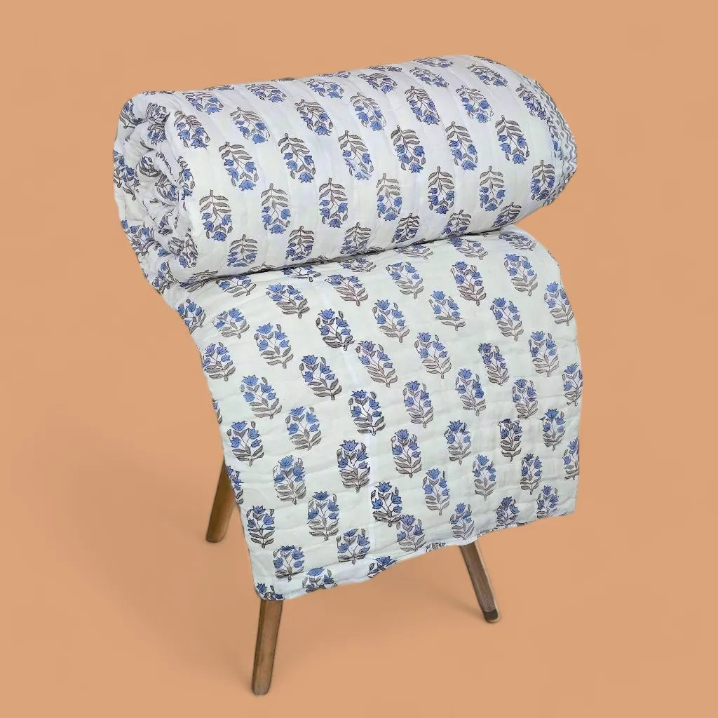 Hand Block Printed  Jaipuri Cotton All season Quilt - Blue Floral Buta (90X108 Inches)