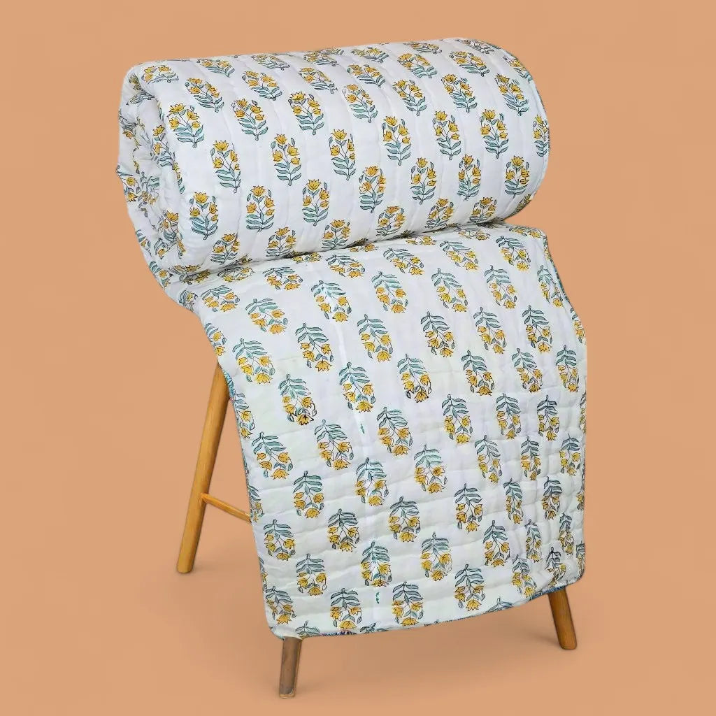 Hand Block Printed  Jaipuri Cotton All season Quilt - Yellow Floral Buta (90X108 Inches)