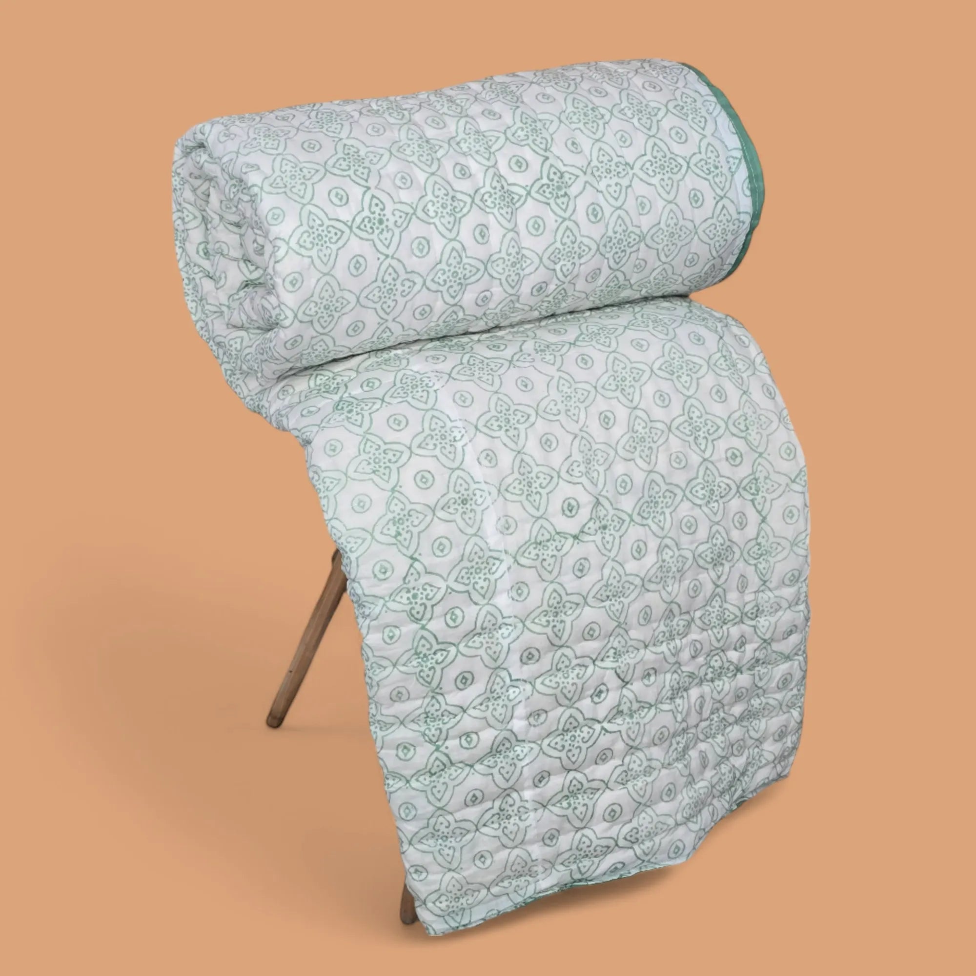 Hand Block Printed  Jaipuri Cotton All season Quilt - Green Floral Motif(90X108 Inches)