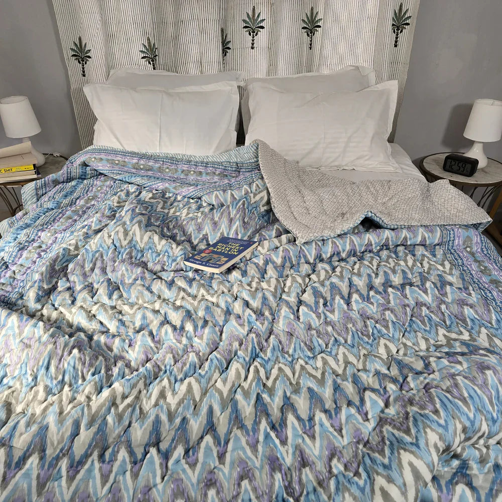 Hand Block Printed Jaipuri Cotton Quilt – Blue & Purple Geo Stripes (90X108 Inches)