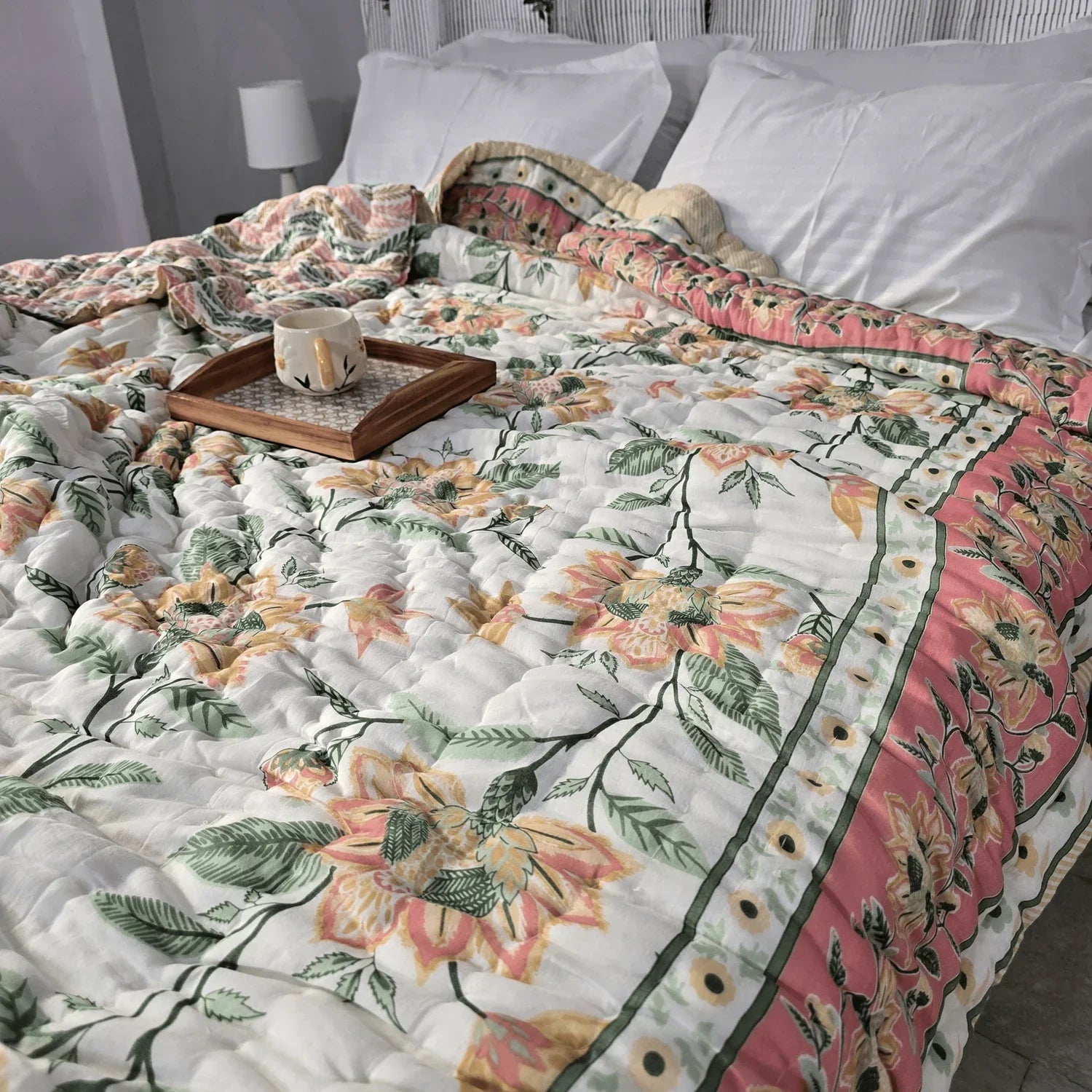 Hand Block Printed Jaipuri Cotton Quilt - Pink Floral Design(90X108 Inches)