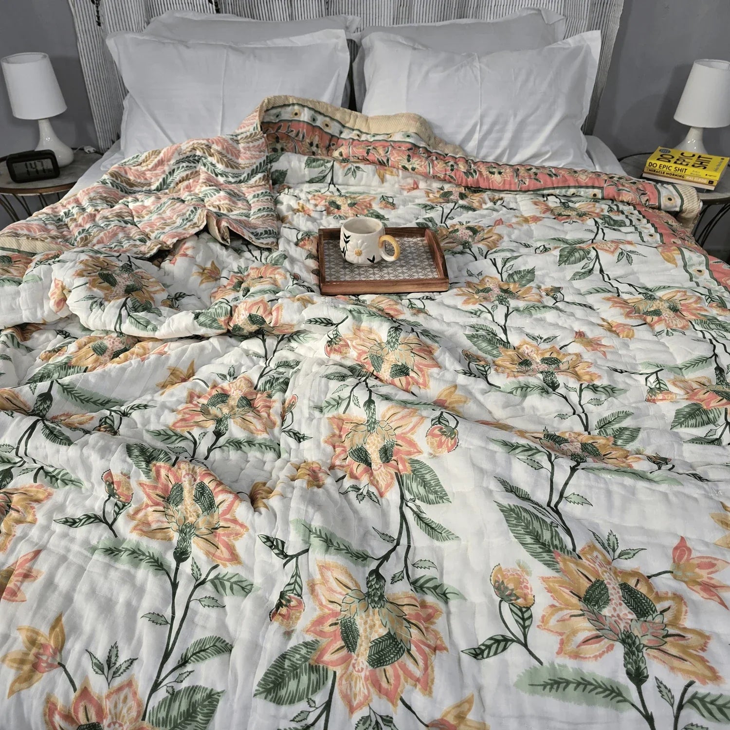 Hand Block Printed Jaipuri Cotton Quilt - Pink Floral Design(90X108 Inches)