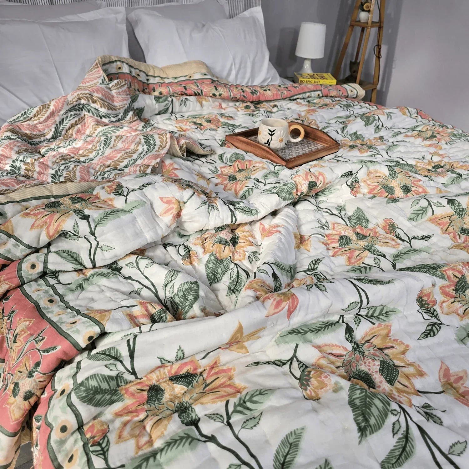 Hand Block Printed Jaipuri Cotton Quilt - Pink Floral Design(90X108 Inches)