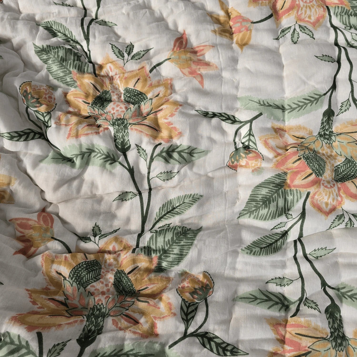 Hand Block Printed Jaipuri Cotton Quilt - Pink Floral Design(90X108 Inches)