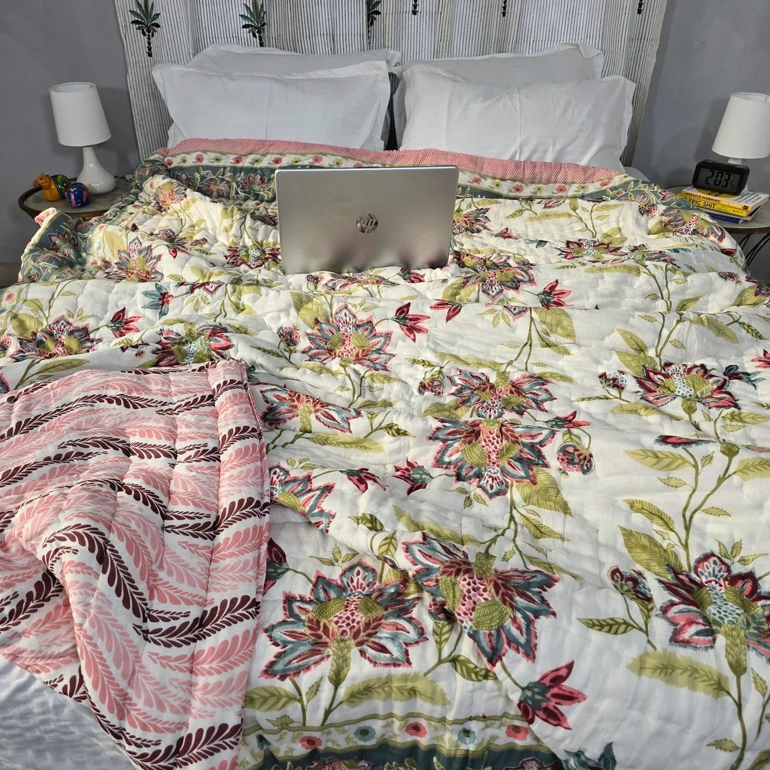 Hand Block Printed Jaipuri Cotton Quilt – Green & Red Floral (90X108 Inches)