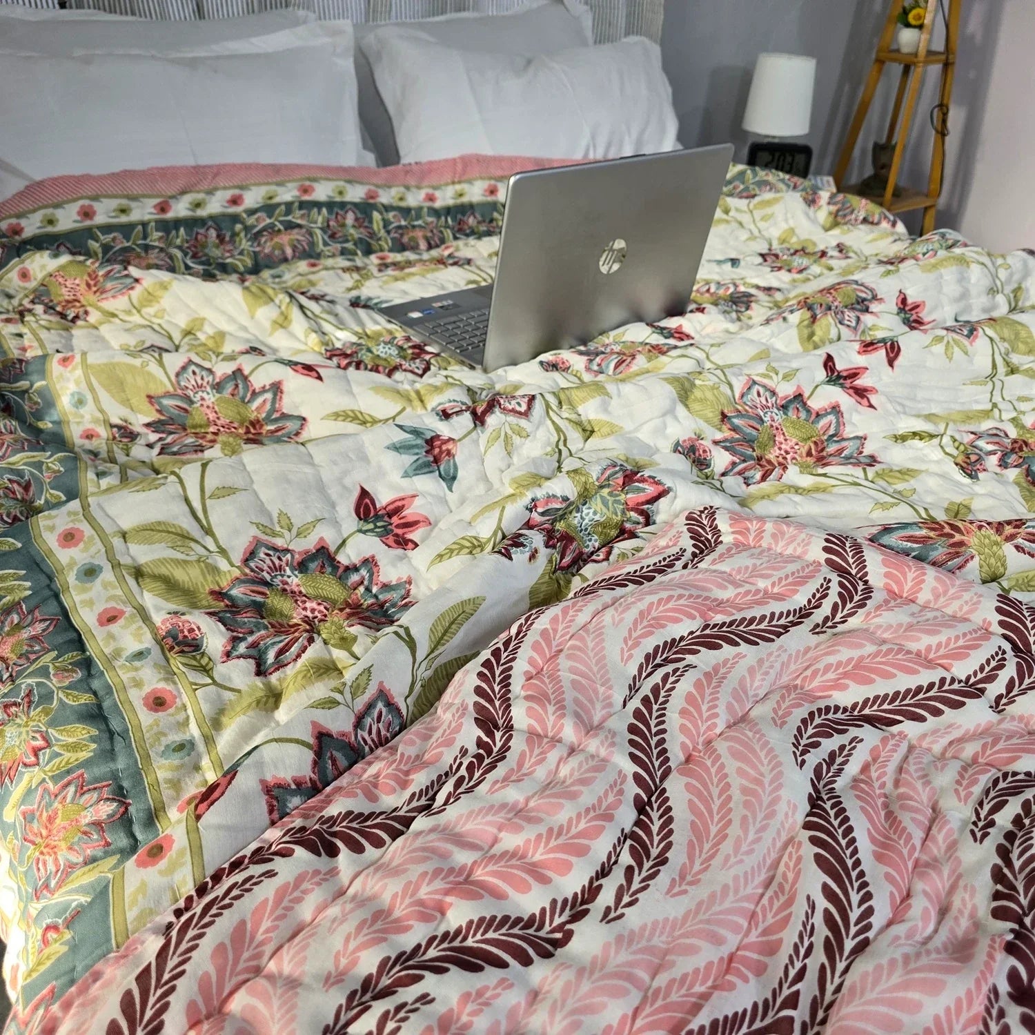 Hand Block Printed Jaipuri Cotton Quilt – Green & Red Floral (90X108 Inches)