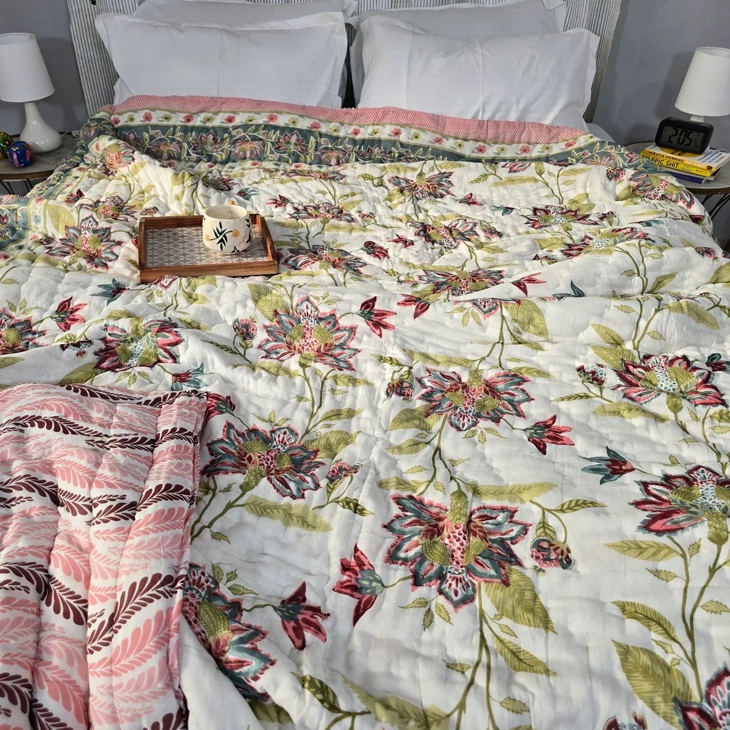 Hand Block Printed Jaipuri Cotton Quilt – Green & Red Floral (90X108 Inches)