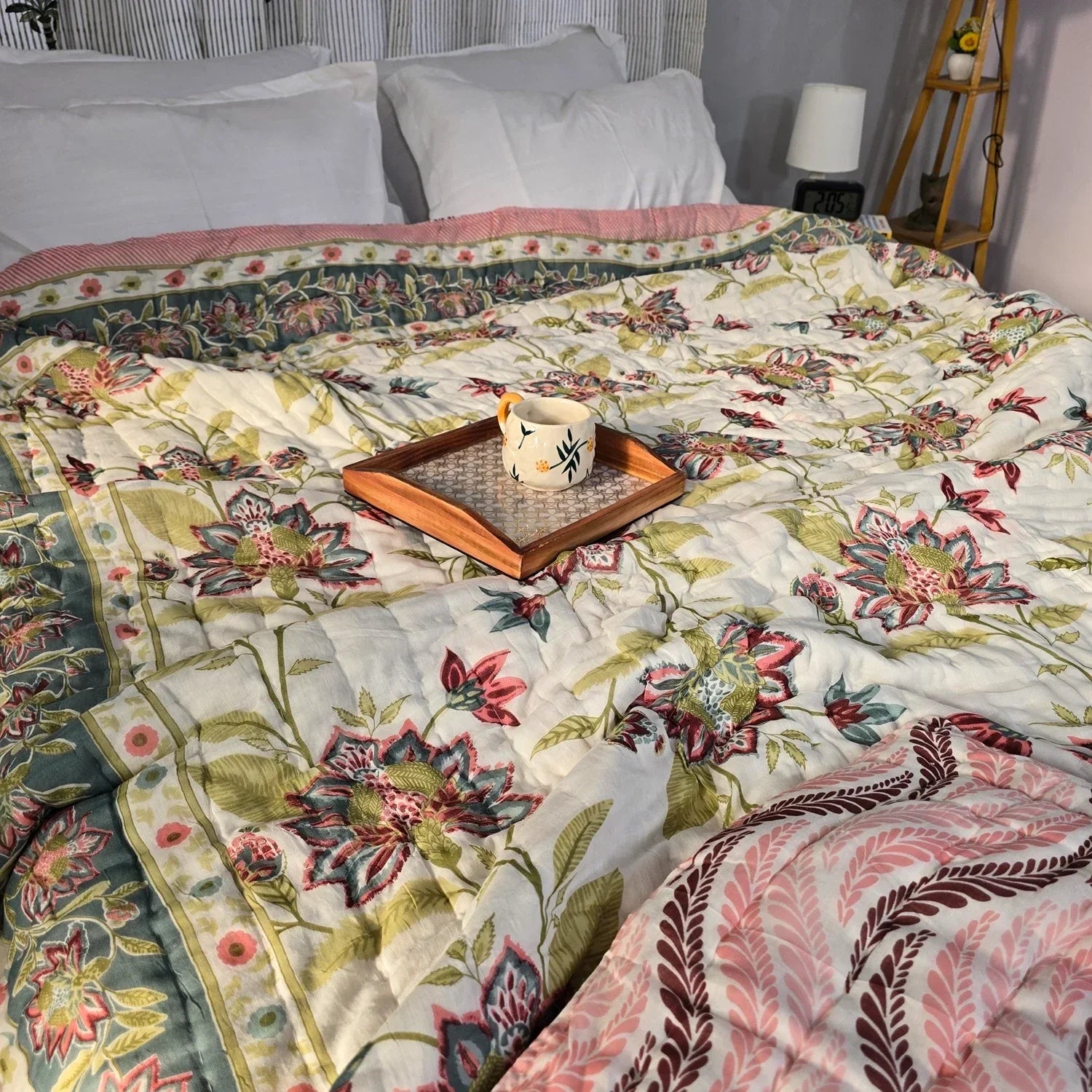 Hand Block Printed Jaipuri Cotton Quilt – Green & Red Floral (90X108 Inches)